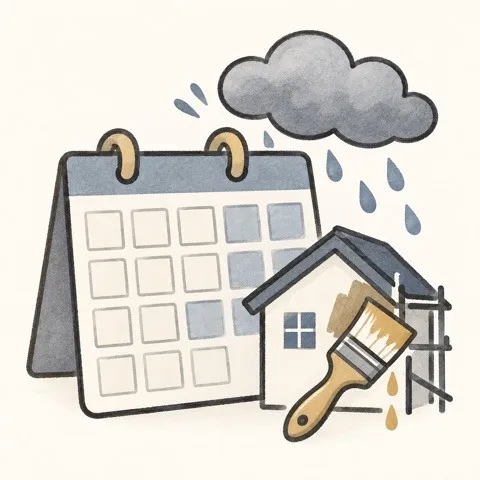 雨とカレンダーで工期変更を表すイラスト